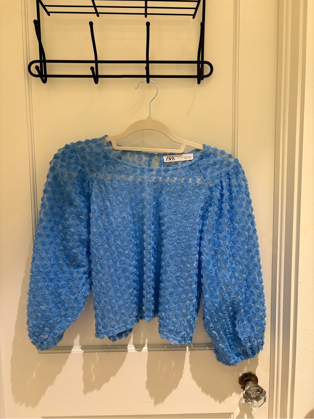 Zara Sky Blue Textured Rosette Balloon Sleeve Top